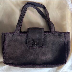 Chanel Dark Brown Suede Shearling Tote Bag With CC Logo Flap Closure
